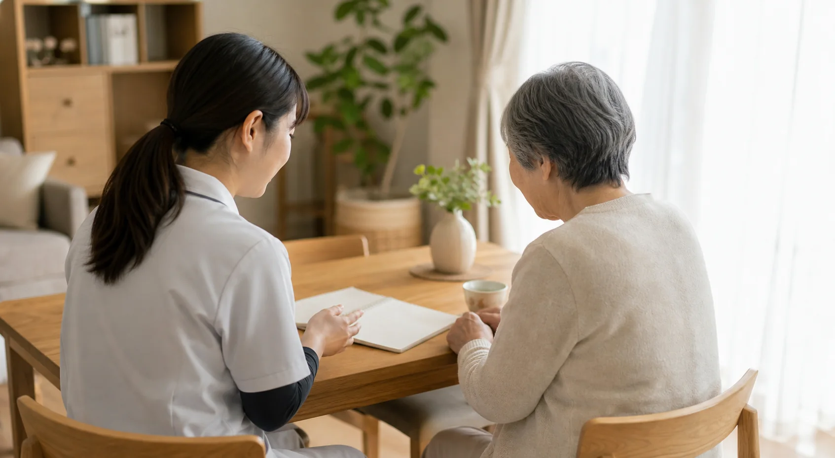 ご自宅で利用者さまの話を伺う訪問看護師